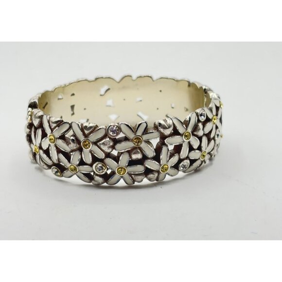 Brighton Silver Floral Daisy Hinged Bracelet With Yellow & White Rhinestones - Picture 1 of 5